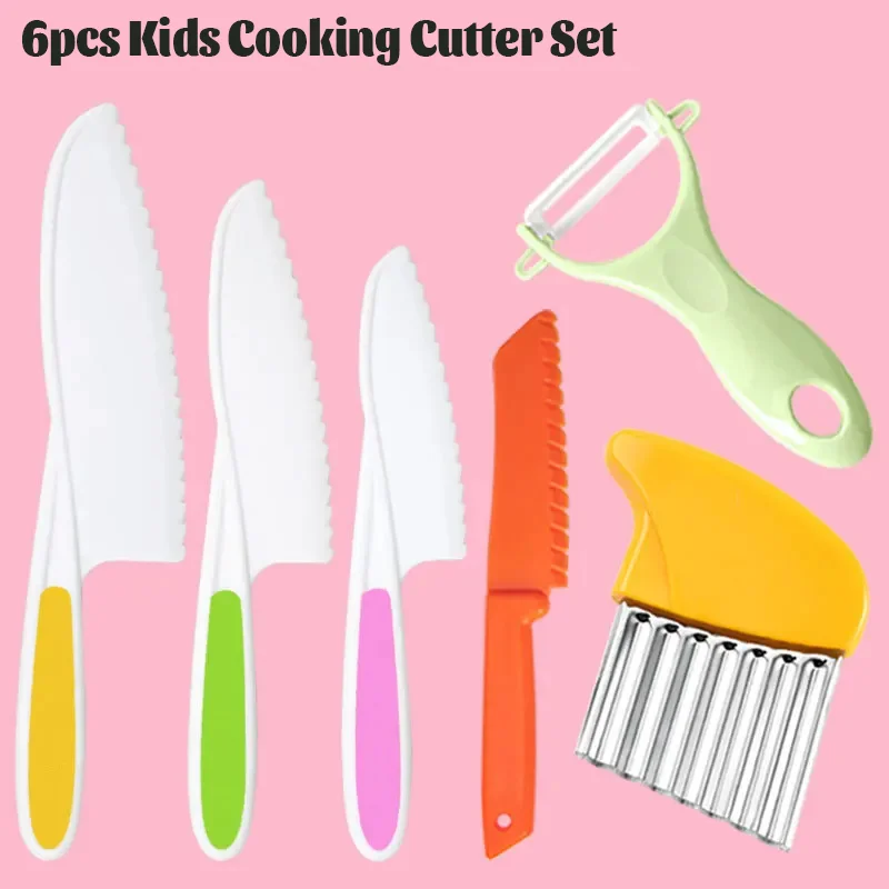 유아를위한 6pcs 몬테소리 주방 도구 어린이 요리 커터 세트 플라스틱 과일 칼 어린이 DIY 필러 주방 액세서리