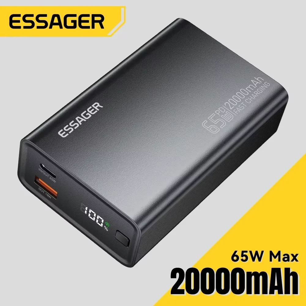 에세거(Essager) 20000mAh 휴대용 PD 65W 고속 충전 보조 배터리, 아이폰 18, 17, 16, 노트북, 맥(Mac)용.