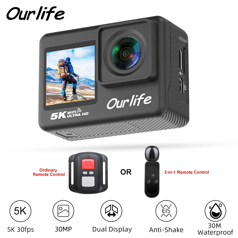 Ourlife 5K30FPS 액션 카메라 2.0인치 터치 LCD 170 ° DVR 30M 방수 원격 제어 5배 줌 헬멧 WiFi 4K60FPS