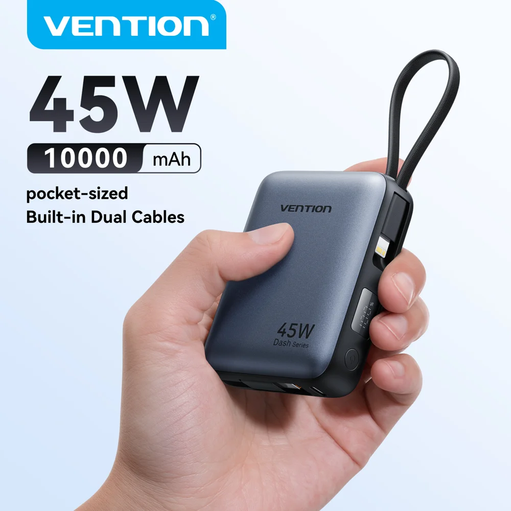 벤션 45W 10000mAh 보조 배터리, 내장 USB-C 케이블, 아이폰 18 및 삼성 S26용 휴대용 보조 배터리, 주머니에 쏙 들어가는